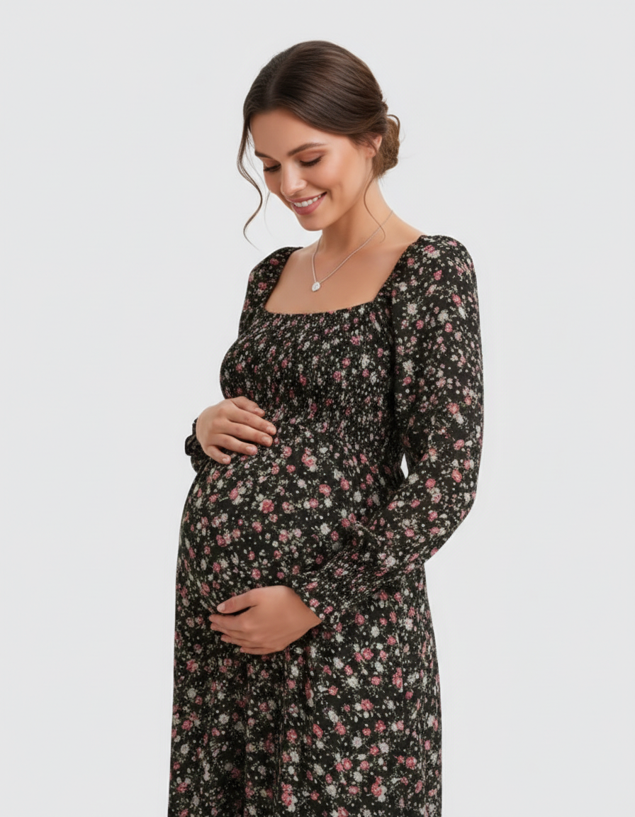 Bump Society – The Comfort Collection: Shirred Bodice Floral Maternity Midi Dress-Bump Society