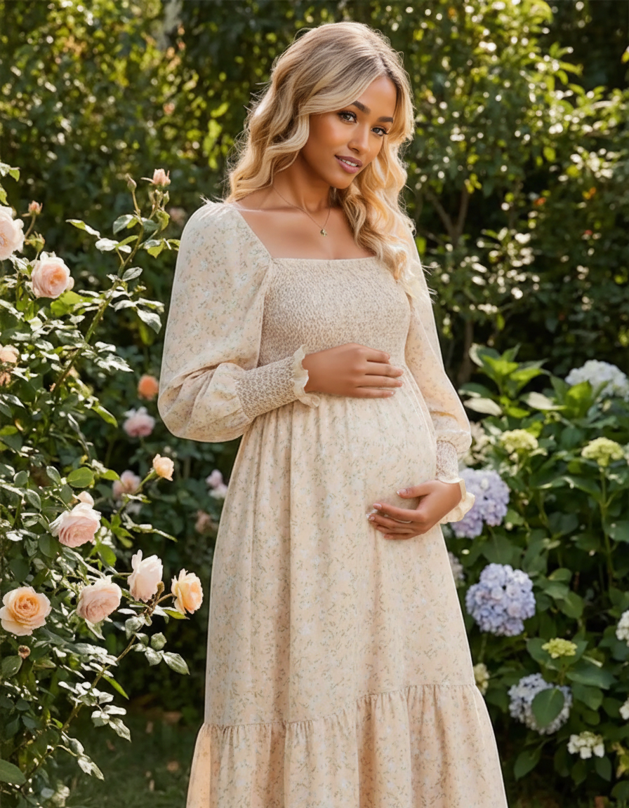 Bump Society – The Comfort Collection: Shirred Bodice Floral Maternity Midi Dress-Bump Society
