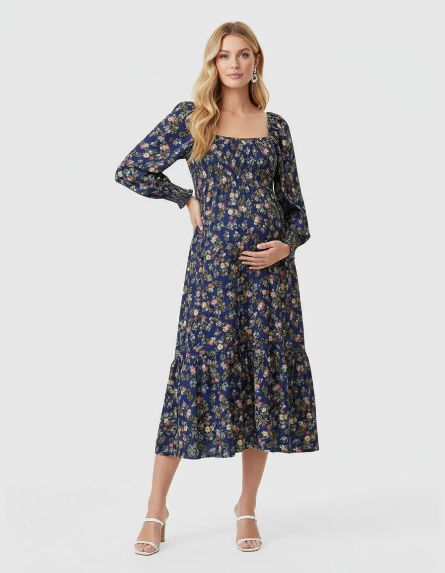 Bump Society – The Comfort Collection: Shirred Bodice Floral Maternity Midi Dress-Bump Society
