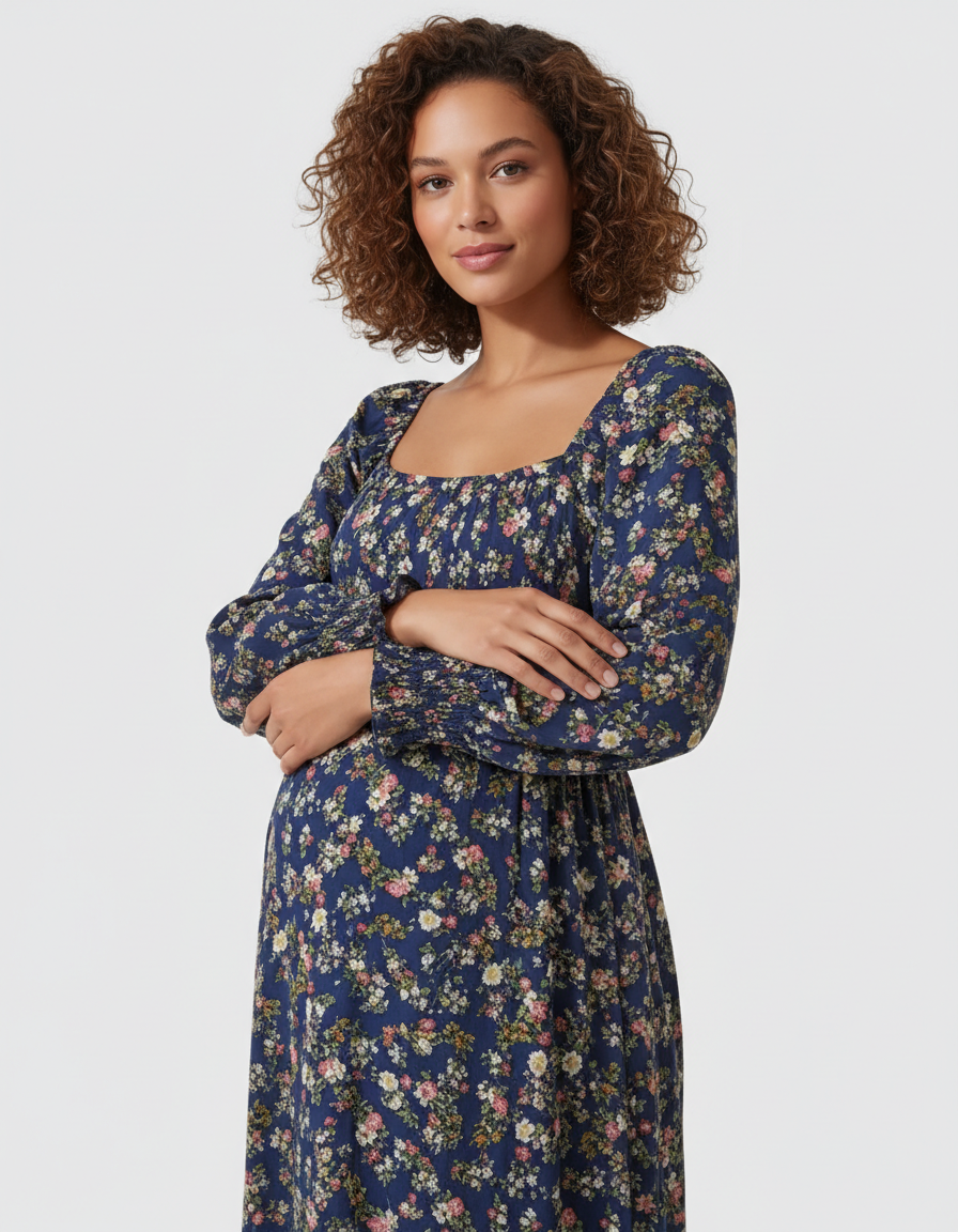 Bump Society – The Comfort Collection: Shirred Bodice Floral Maternity Midi Dress-Bump Society