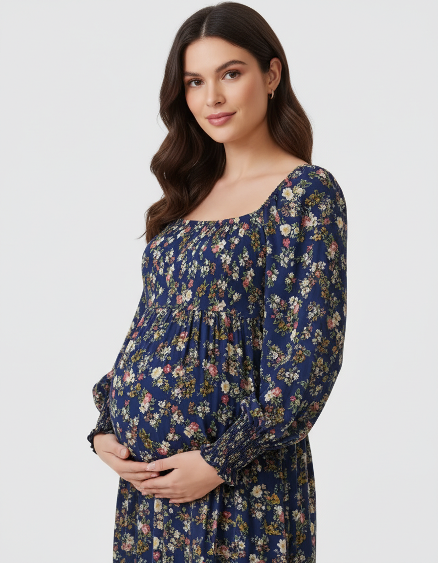 Bump Society – The Comfort Collection: Shirred Bodice Floral Maternity Midi Dress-Bump Society
