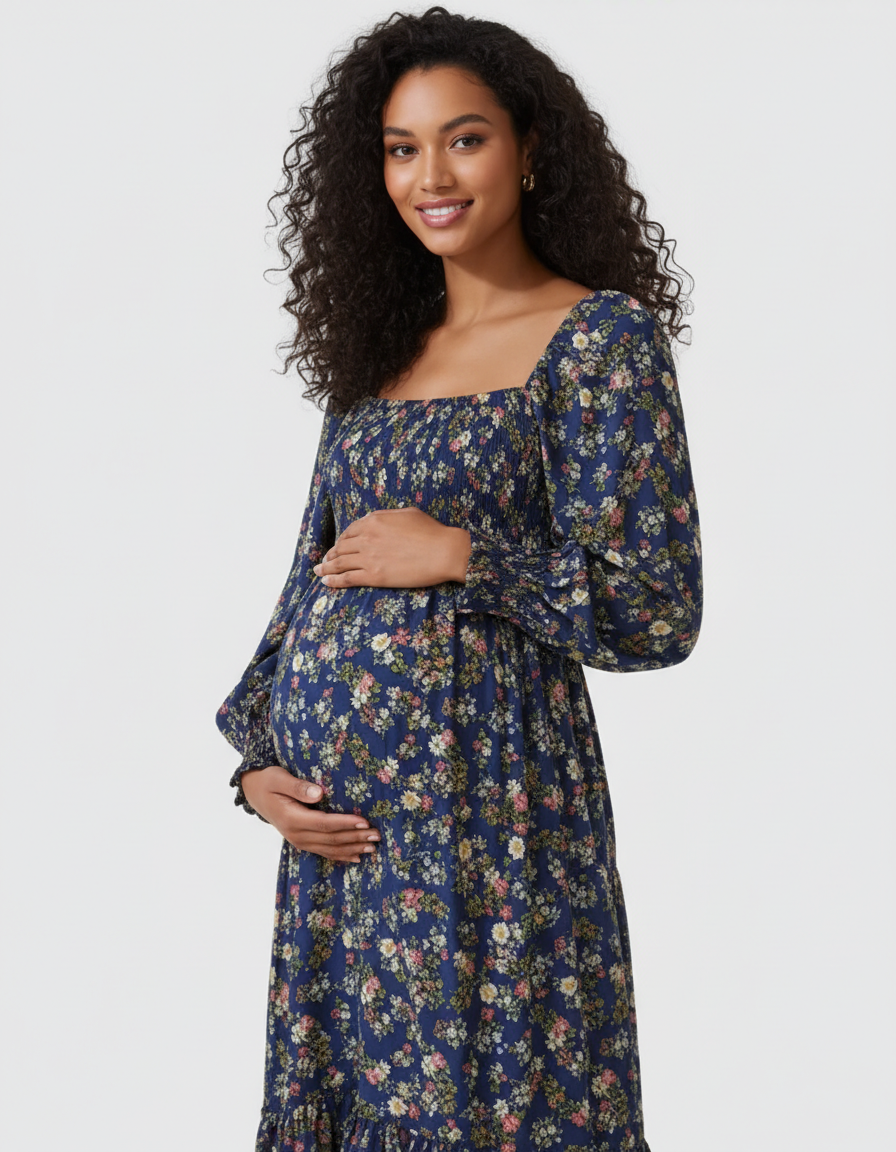 Bump Society – The Comfort Collection: Shirred Bodice Floral Maternity Midi Dress-Bump Society