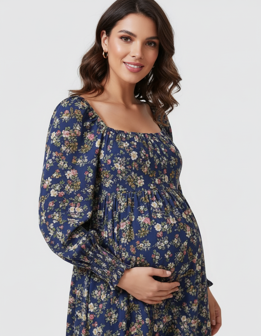 Bump Society – The Comfort Collection: Shirred Bodice Floral Maternity Midi Dress-Bump Society