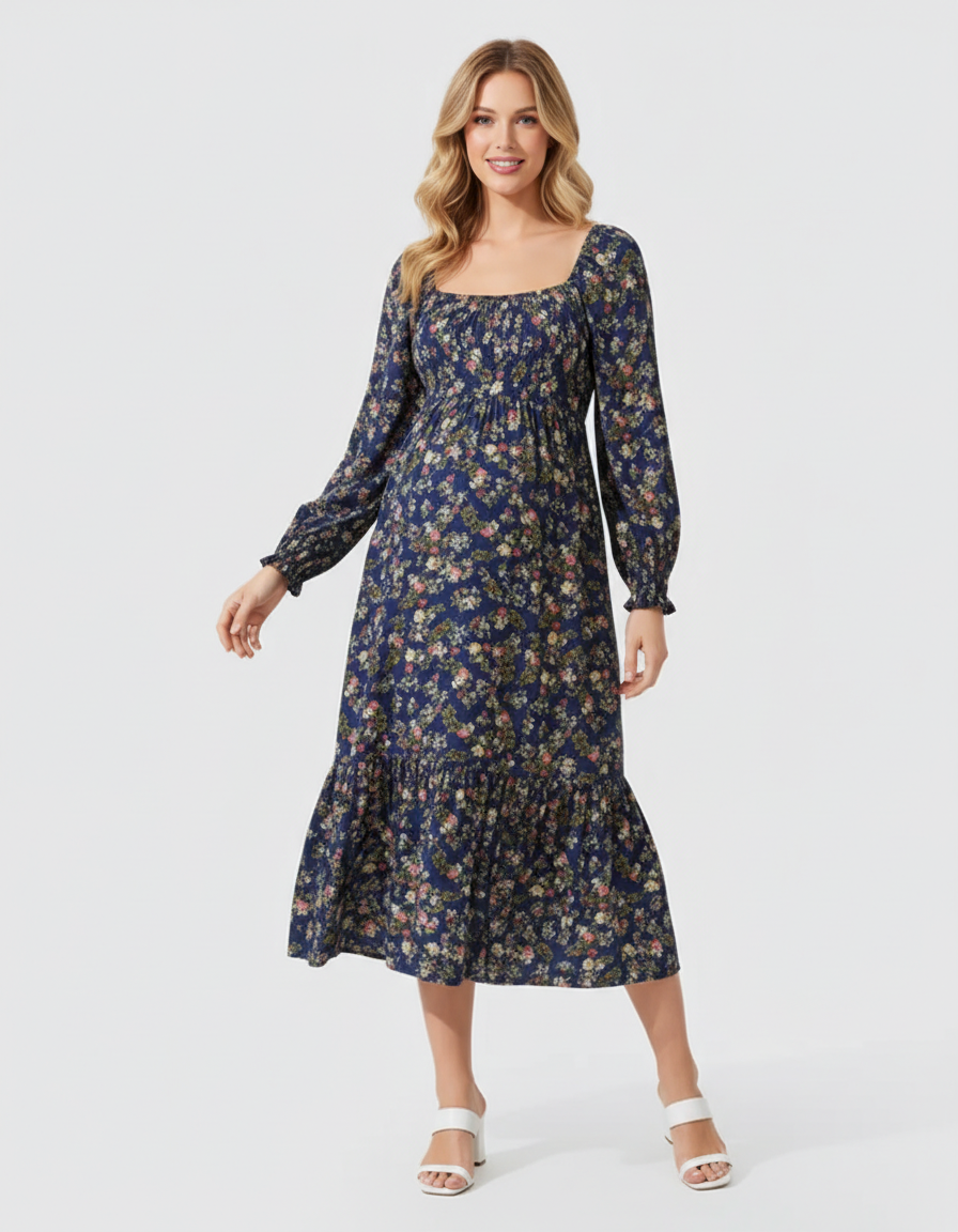 Bump Society – The Comfort Collection: Shirred Bodice Floral Maternity Midi Dress-Bump Society