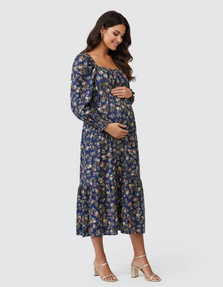 Bump Society – The Comfort Collection: Shirred Bodice Floral Maternity Midi Dress-Bump Society