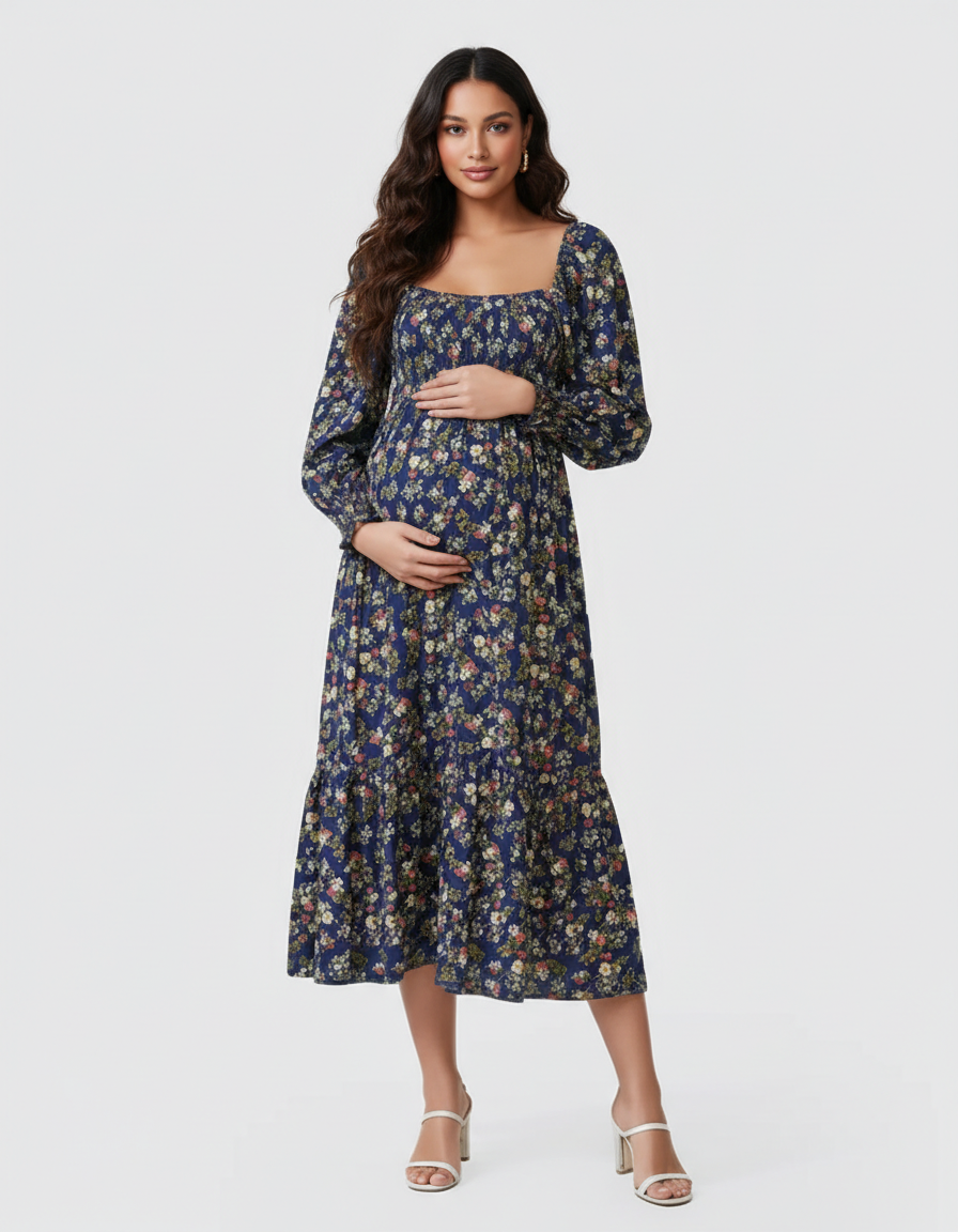 Bump Society – The Comfort Collection: Shirred Bodice Floral Maternity Midi Dress-Bump Society