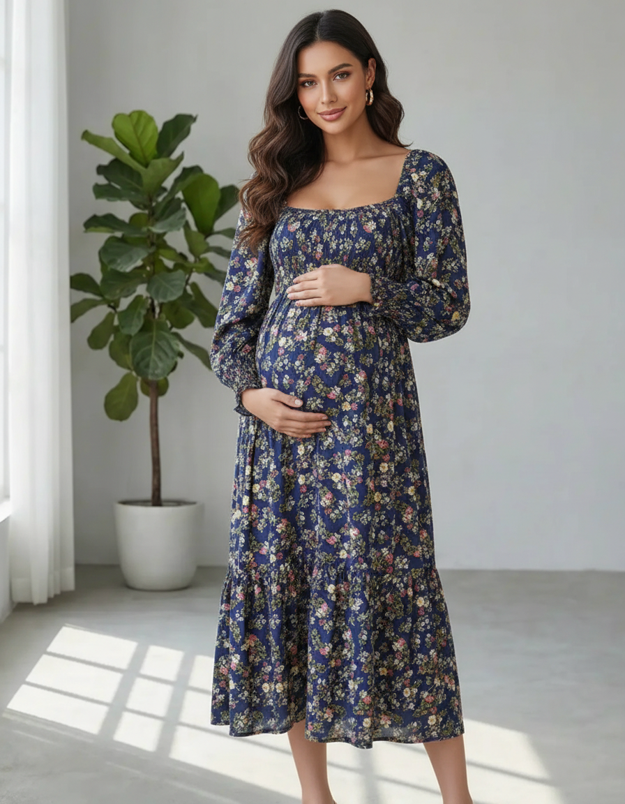 Bump Society – The Comfort Collection: Shirred Bodice Floral Maternity Midi Dress-Bump Society