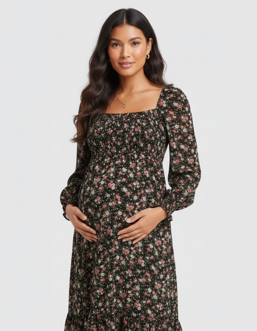 Bump Society – The Comfort Collection: Shirred Bodice Floral Maternity Midi Dress-Bump Society
