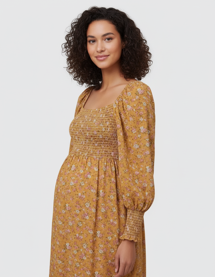 Bump Society – The Comfort Collection: Shirred Bodice Floral Maternity Midi Dress-Bump Society