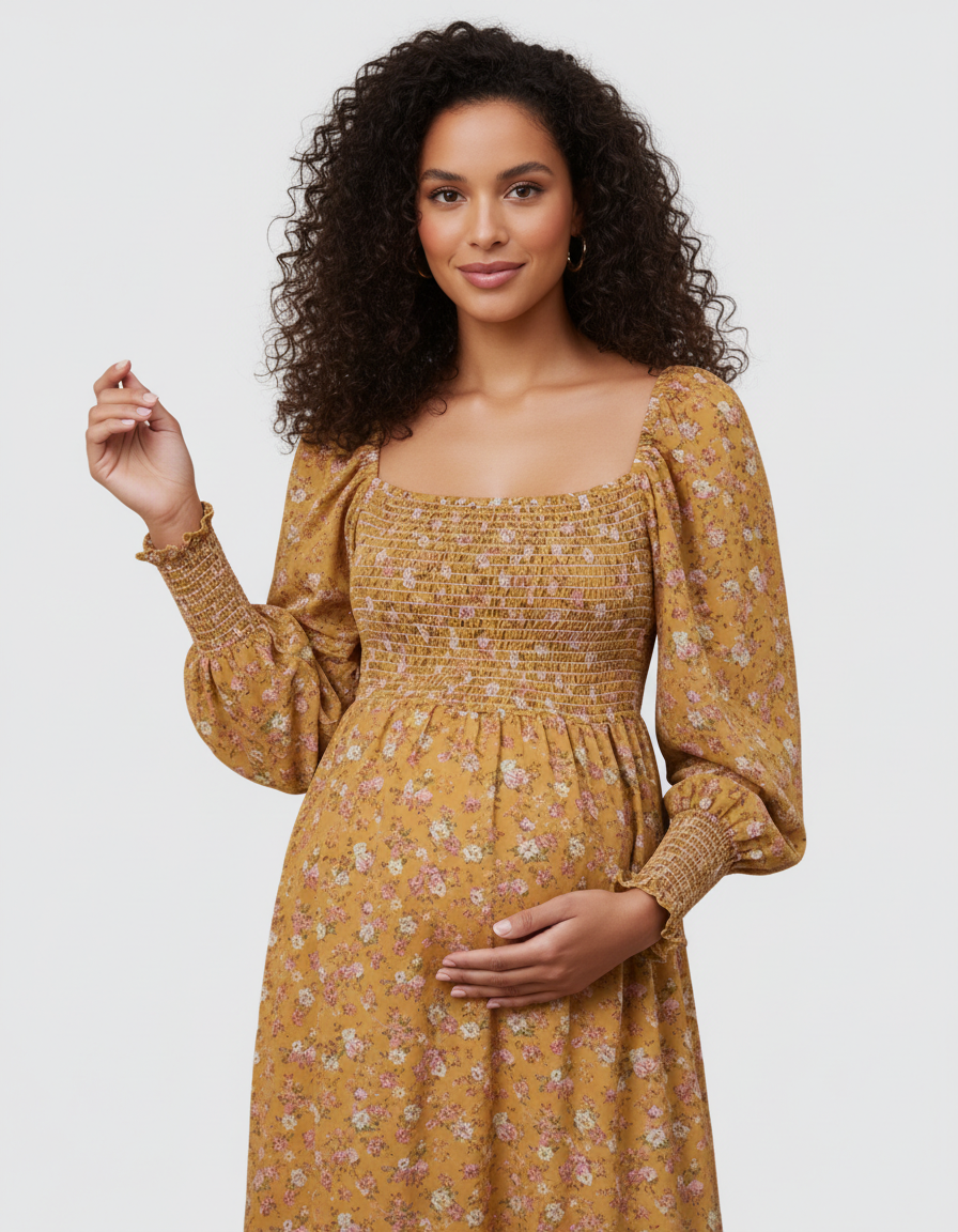 Bump Society – The Comfort Collection: Shirred Bodice Floral Maternity Midi Dress-Bump Society