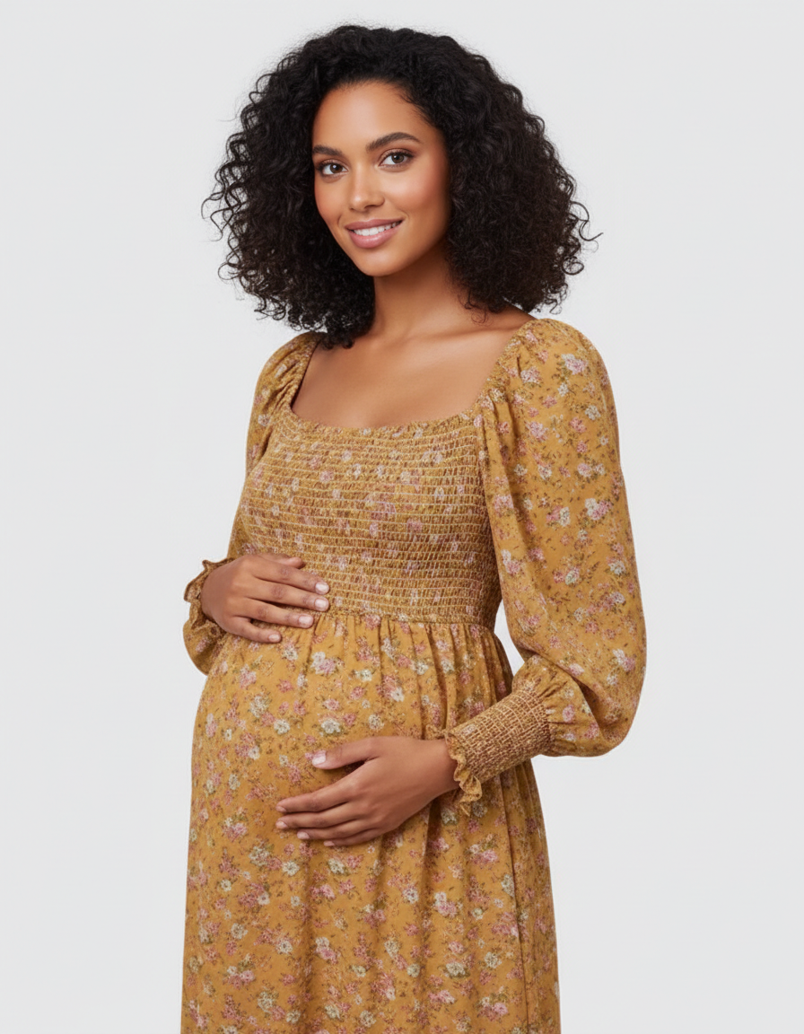 Bump Society – The Comfort Collection: Shirred Bodice Floral Maternity Midi Dress-Bump Society