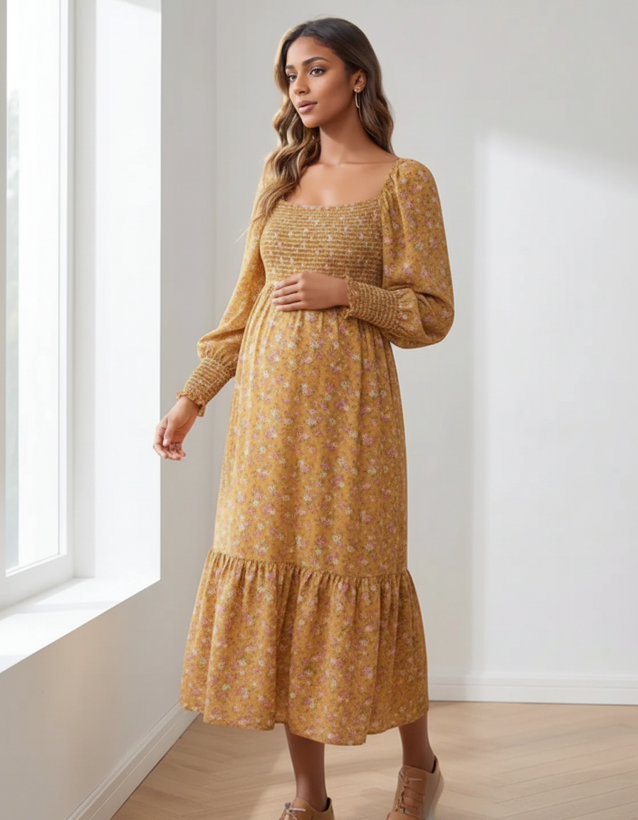 Bump Society – The Comfort Collection: Shirred Bodice Floral Maternity Midi Dress-Bump Society
