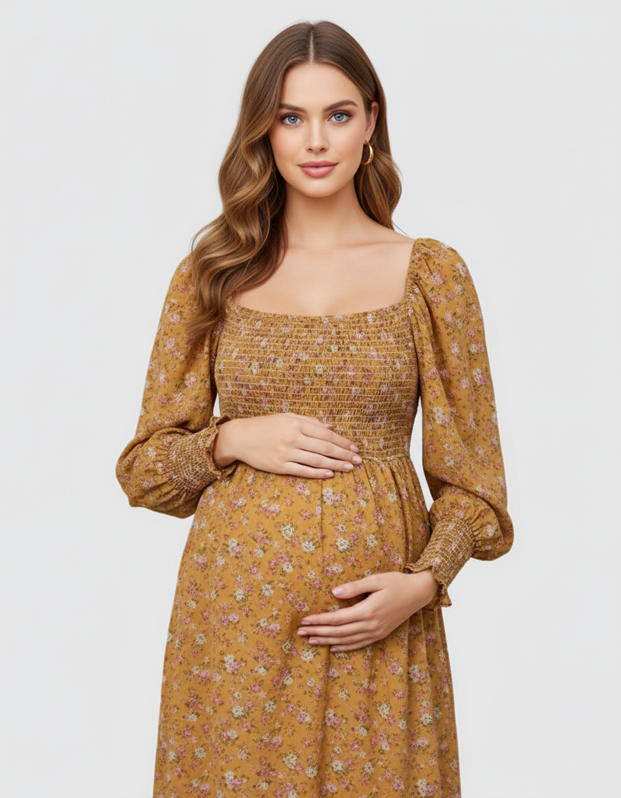 Bump Society – The Comfort Collection: Shirred Bodice Floral Maternity Midi Dress-Bump Society