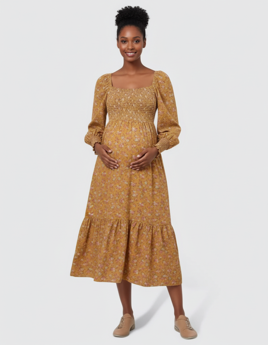 Bump Society – The Comfort Collection: Shirred Bodice Floral Maternity Midi Dress-Bump Society