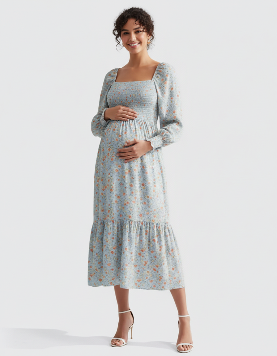 Bump Society – The Comfort Collection: Shirred Bodice Floral Maternity Midi Dress-Bump Society