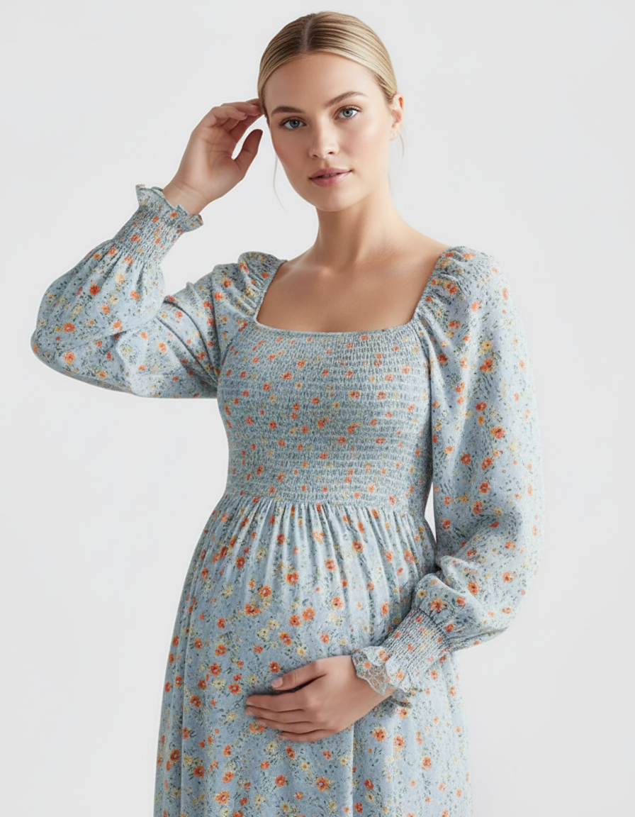 Bump Society – The Comfort Collection: Shirred Bodice Floral Maternity Midi Dress-Bump Society