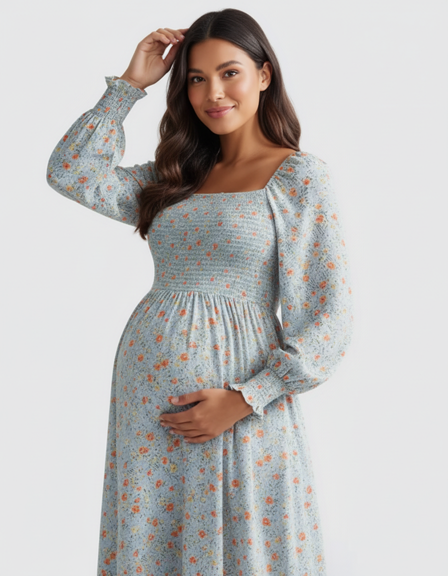 Bump Society – The Comfort Collection: Shirred Bodice Floral Maternity Midi Dress-Bump Society
