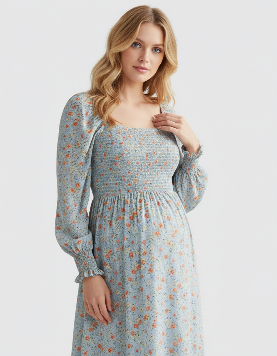 Bump Society – The Comfort Collection: Shirred Bodice Floral Maternity Midi Dress-Bump Society