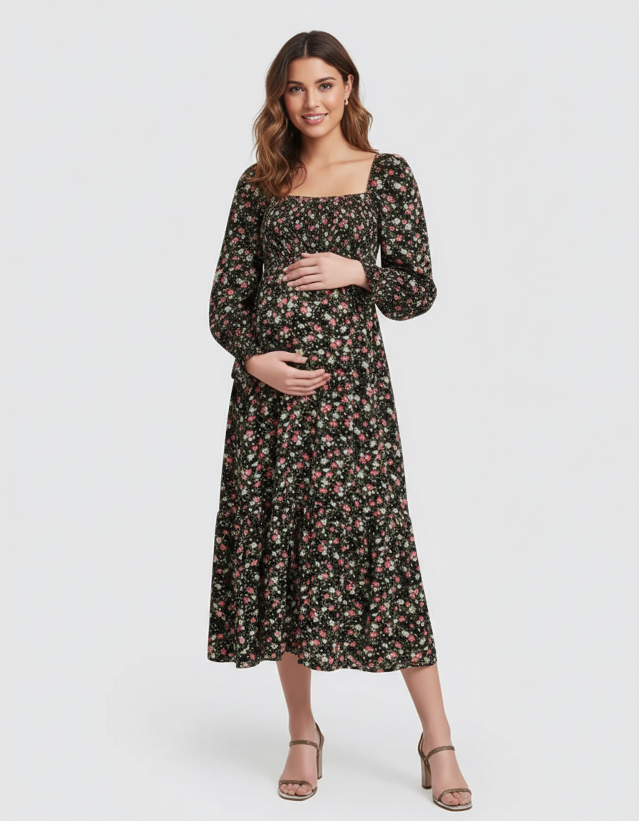 Bump Society – The Comfort Collection: Shirred Bodice Floral Maternity Midi Dress-Bump Society