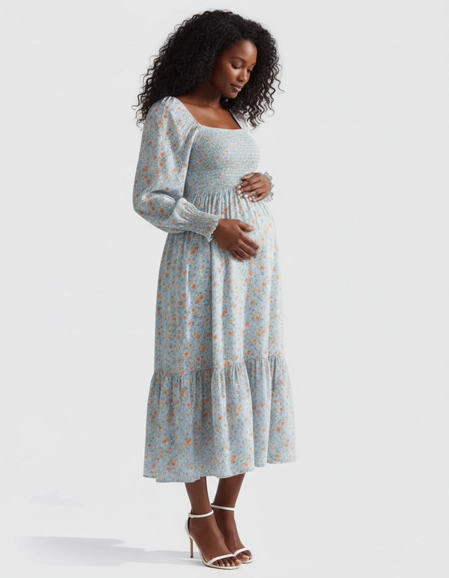 Bump Society – The Comfort Collection: Shirred Bodice Floral Maternity Midi Dress-Bump Society