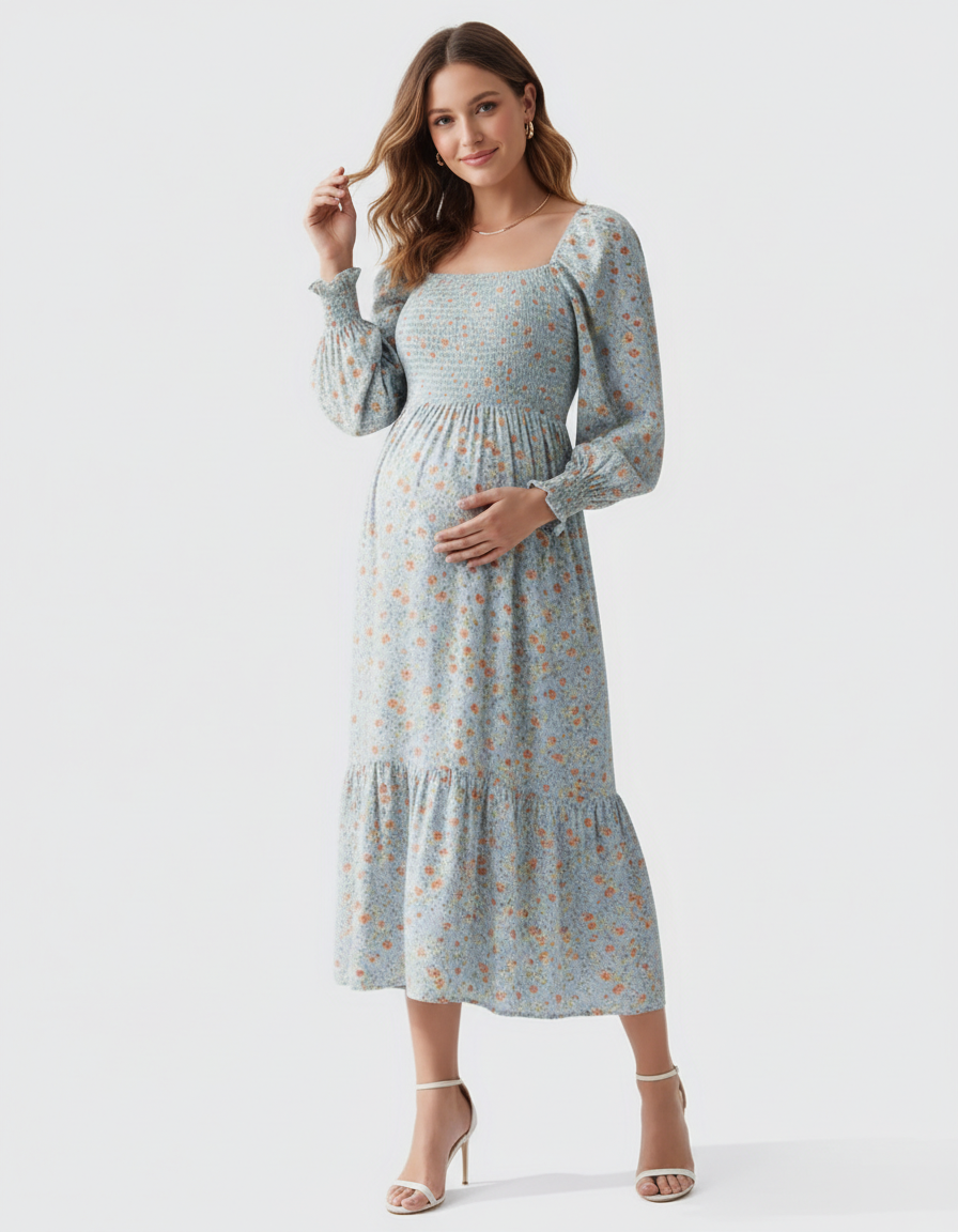 Bump Society – The Comfort Collection: Shirred Bodice Floral Maternity Midi Dress-Bump Society