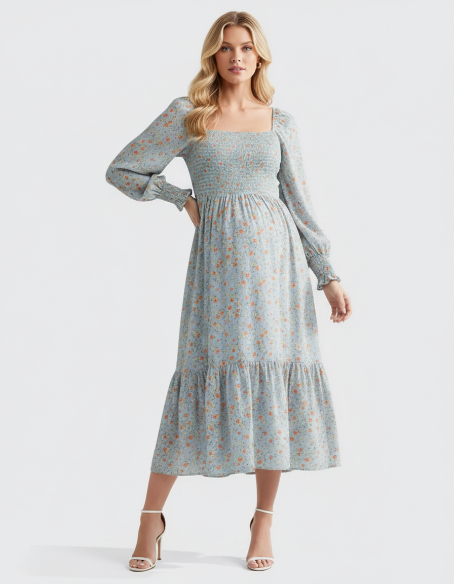 Bump Society – The Comfort Collection: Shirred Bodice Floral Maternity Midi Dress-Bump Society