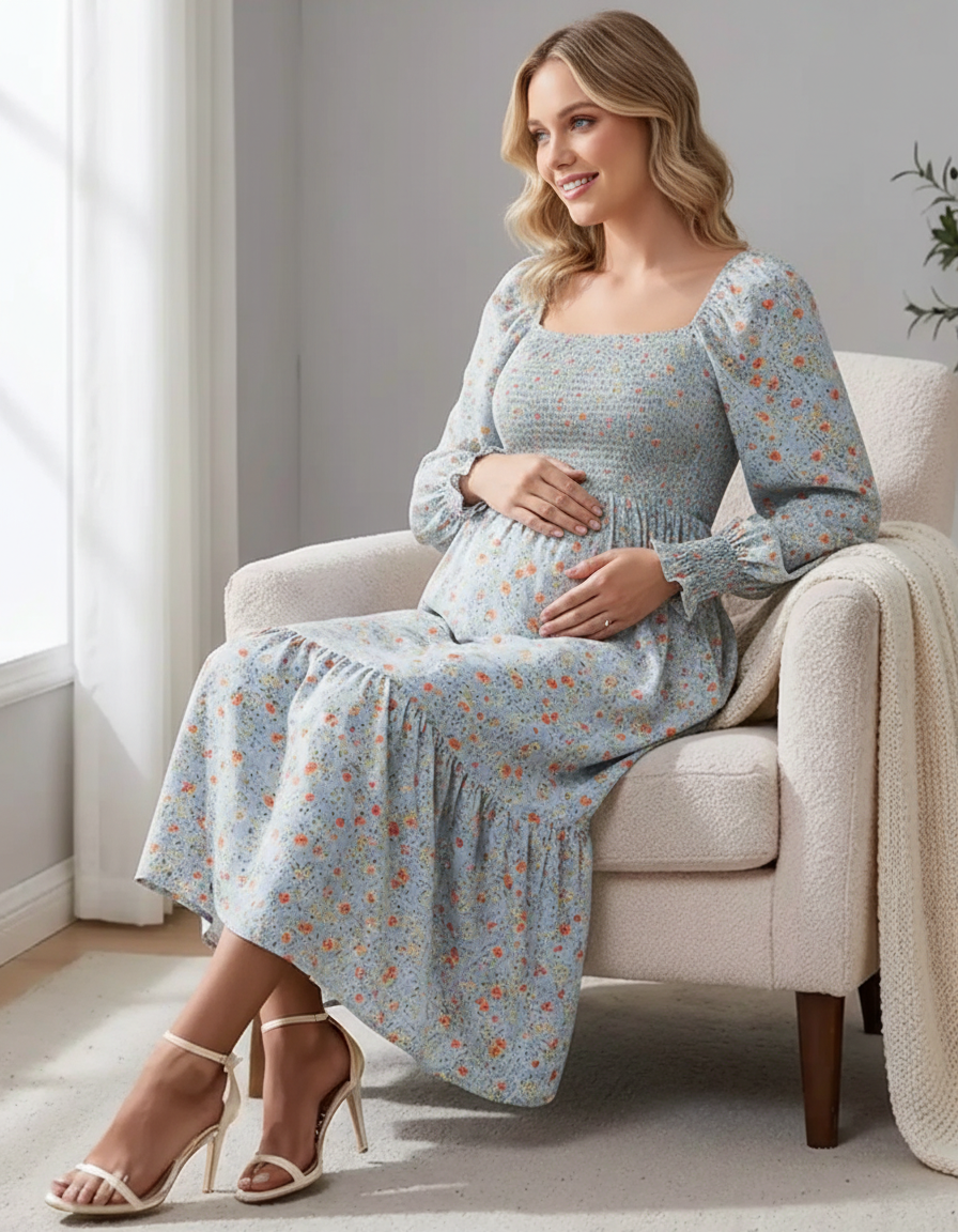 Bump Society – The Comfort Collection: Shirred Bodice Floral Maternity Midi Dress-Bump Society