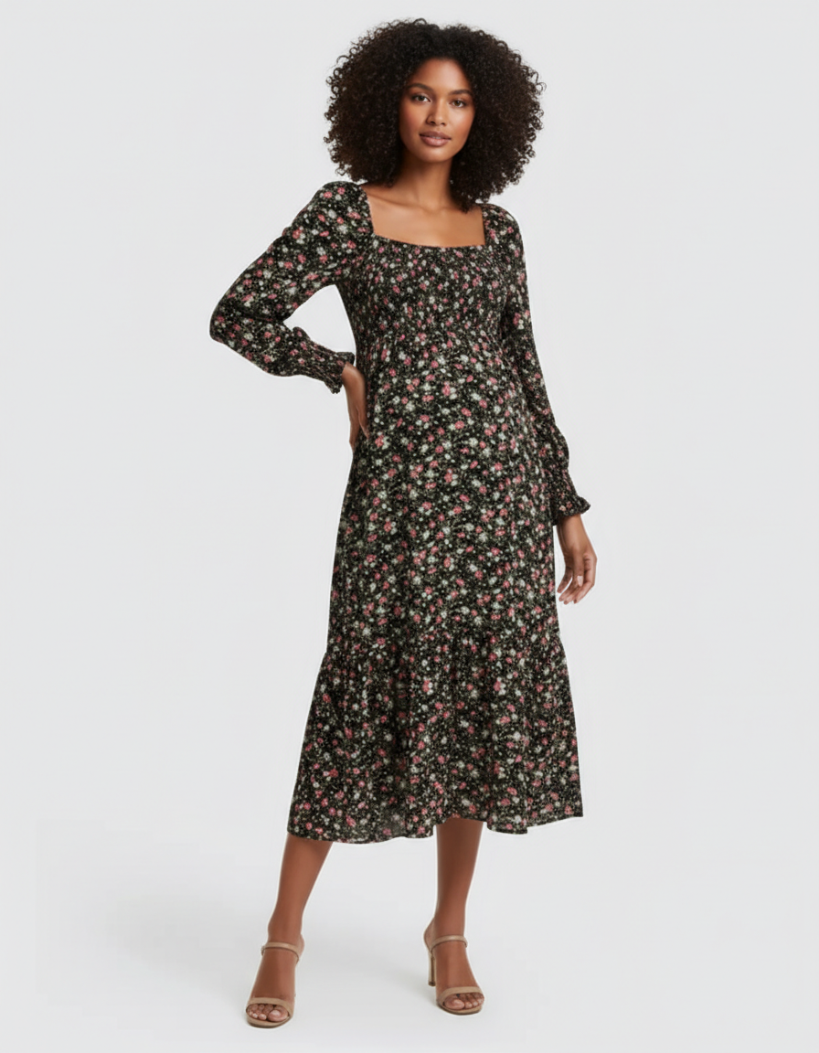 Bump Society – The Comfort Collection: Shirred Bodice Floral Maternity Midi Dress-Bump Society