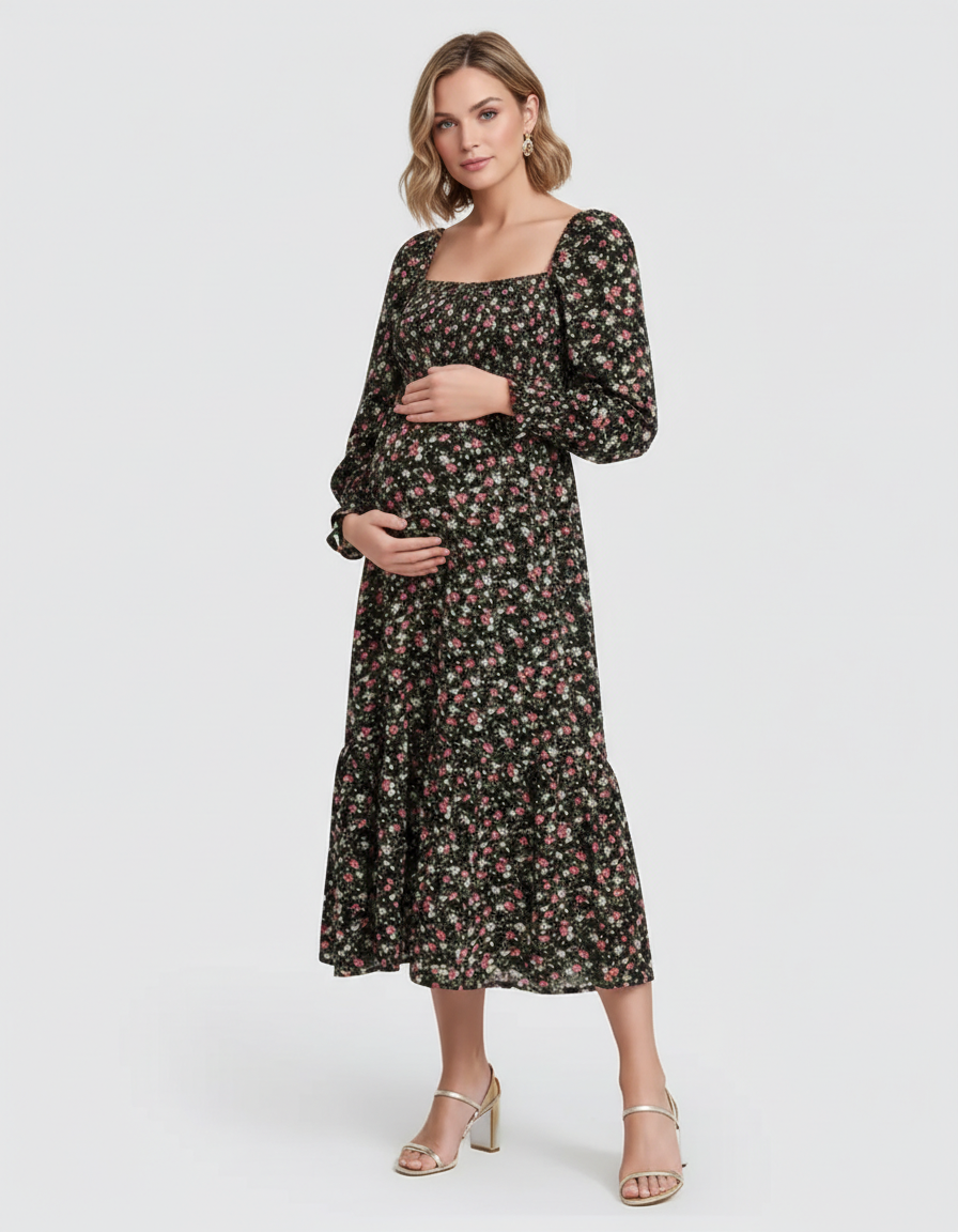 Bump Society – The Comfort Collection: Shirred Bodice Floral Maternity Midi Dress-Bump Society
