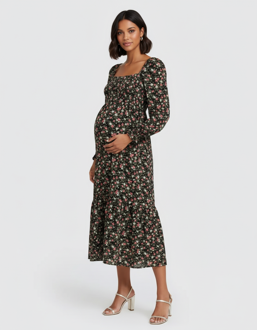 Bump Society – The Comfort Collection: Shirred Bodice Floral Maternity Midi Dress-Bump Society