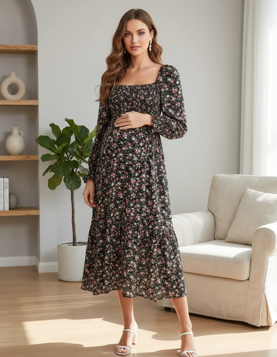 Bump Society – The Comfort Collection: Shirred Bodice Floral Maternity Midi Dress-Bump Society