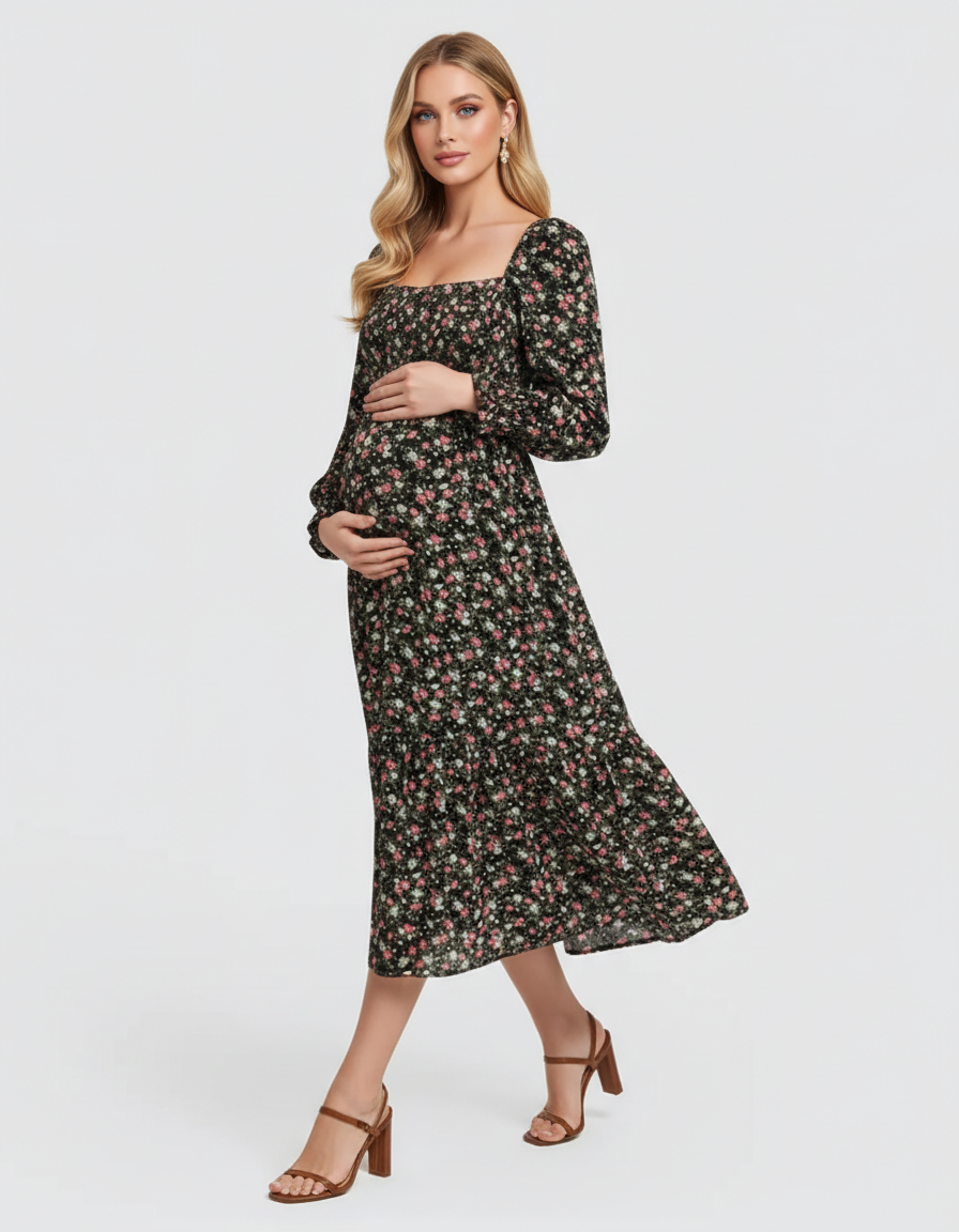 Bump Society – The Comfort Collection: Shirred Bodice Floral Maternity Midi Dress-Bump Society