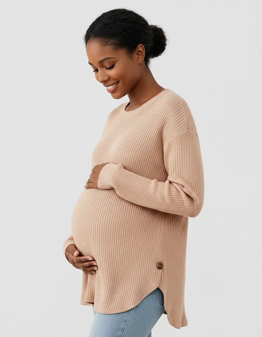 Smiling pregnant woman in a soft-knit, relaxed-fit beige maternity sweatshirt with side buttons.