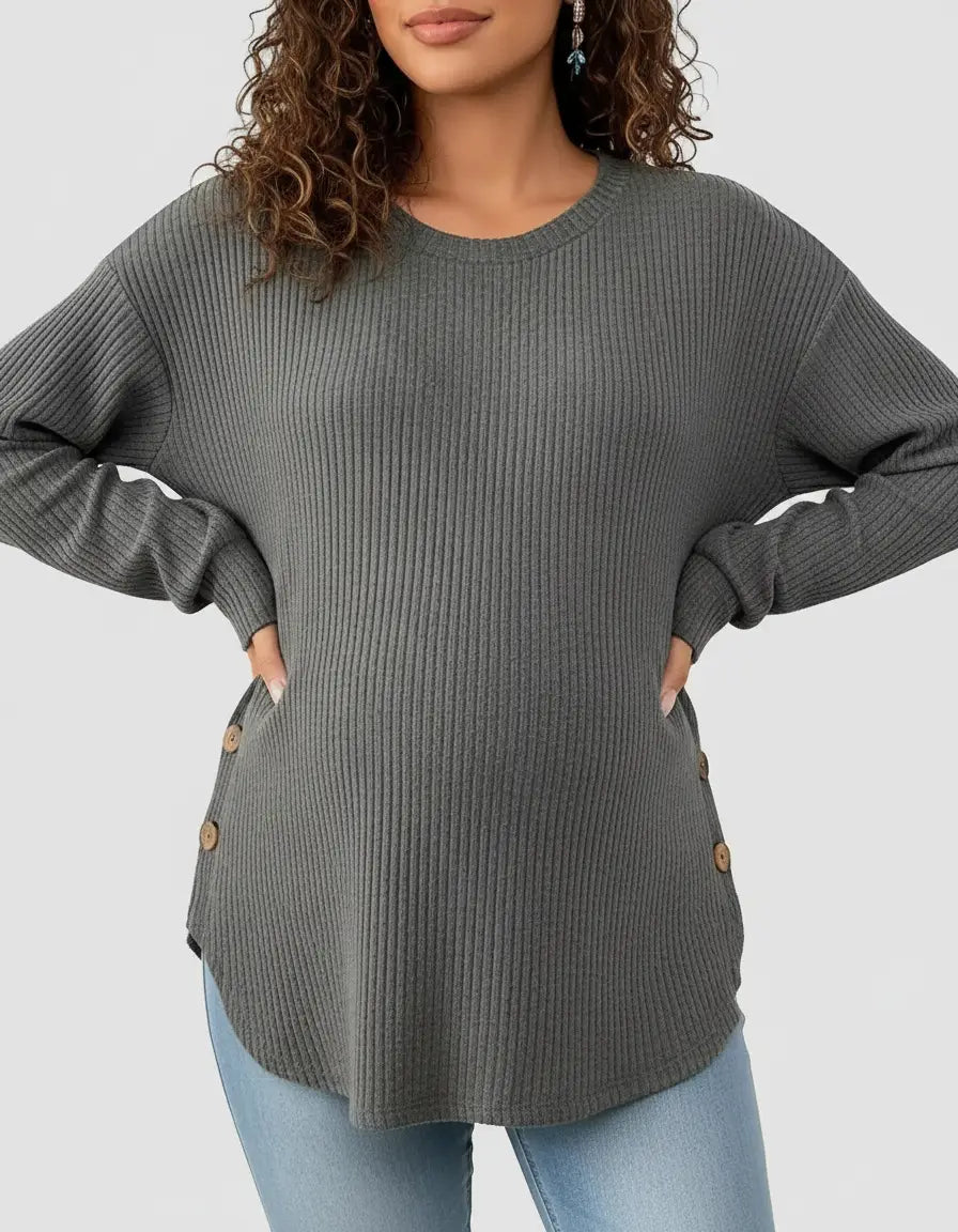 Gray soft-knit relaxed-fit maternity sweatshirt with ribbed texture, round neck, and side button details.