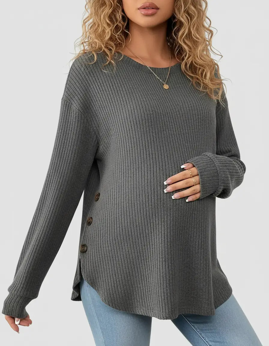 Gray soft-knit relaxed-fit maternity sweatshirt with side buttons, worn by a pregnant woman.