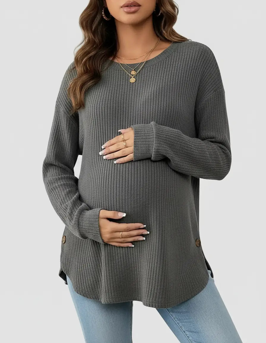 Maternity sweatshirt: dark gray, soft-knit, relaxed-fit, long sleeves, round neck, side buttons.