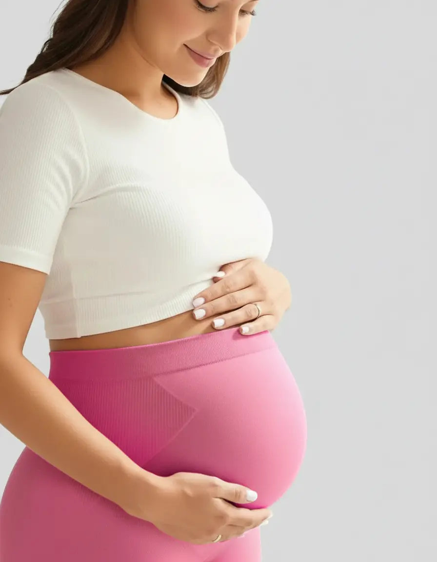 Pregnant woman in pink soft-stretch full-length maternity leggings, gently holding her baby bump.