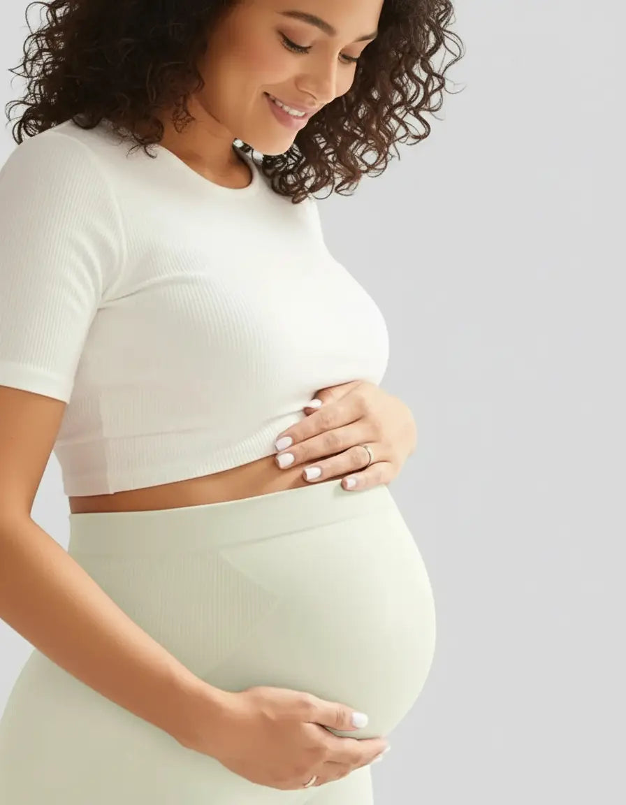 Smiling pregnant woman wearing a white ribbed crop top and light green soft-stretch full-length maternity leggings.