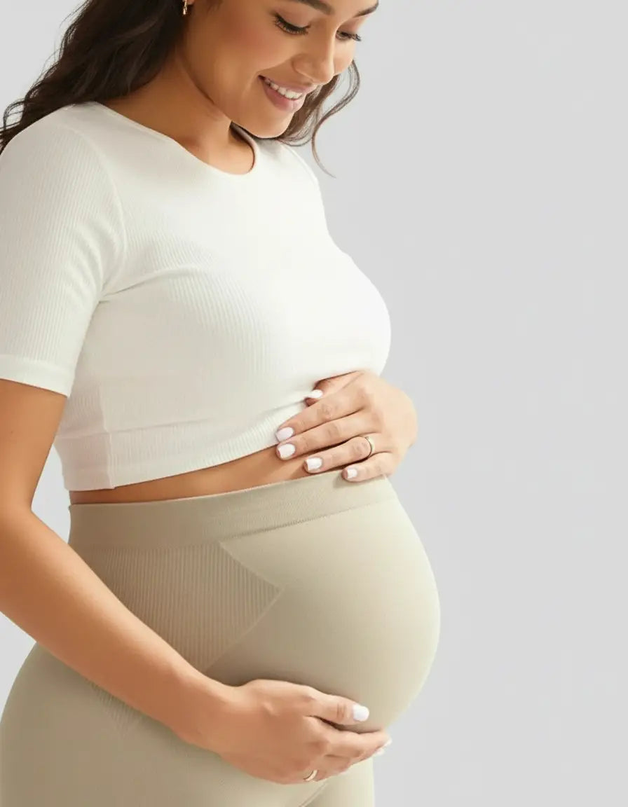 Smiling pregnant woman in soft-stretch full-length beige maternity leggings and a white ribbed top.