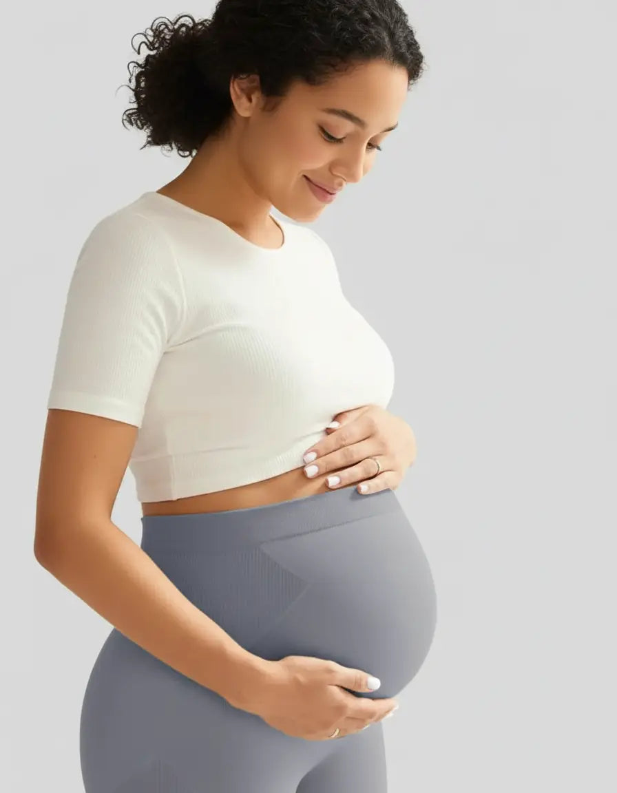 Smiling pregnant woman wearing soft-stretch full-length gray maternity leggings and a white crop top.