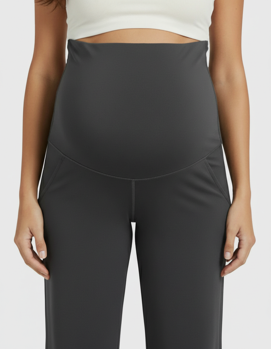 Dark gray high-rise wide-leg maternity pants with belly support panel and pockets.