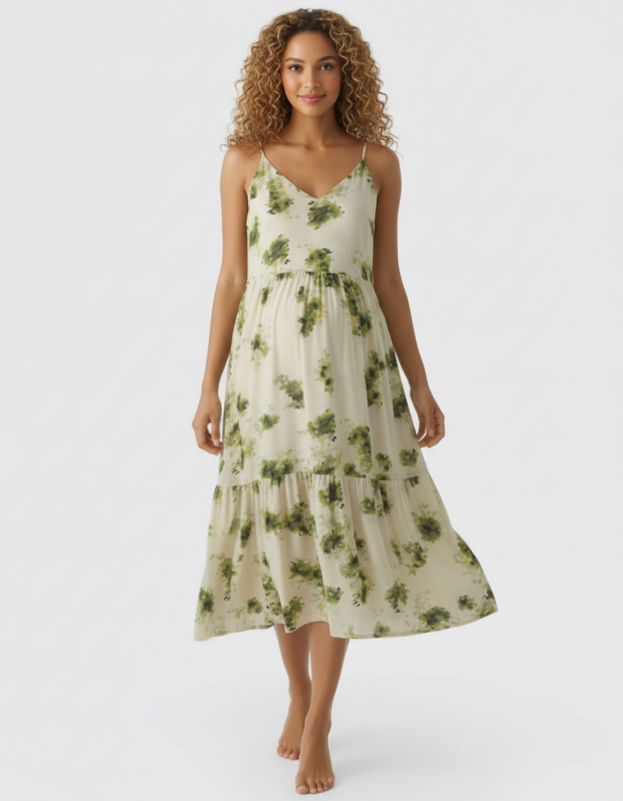 Bump Society – The Comfort Collection: Spaghetti Strap Printed Tiered Maternity Dress-Bump Society