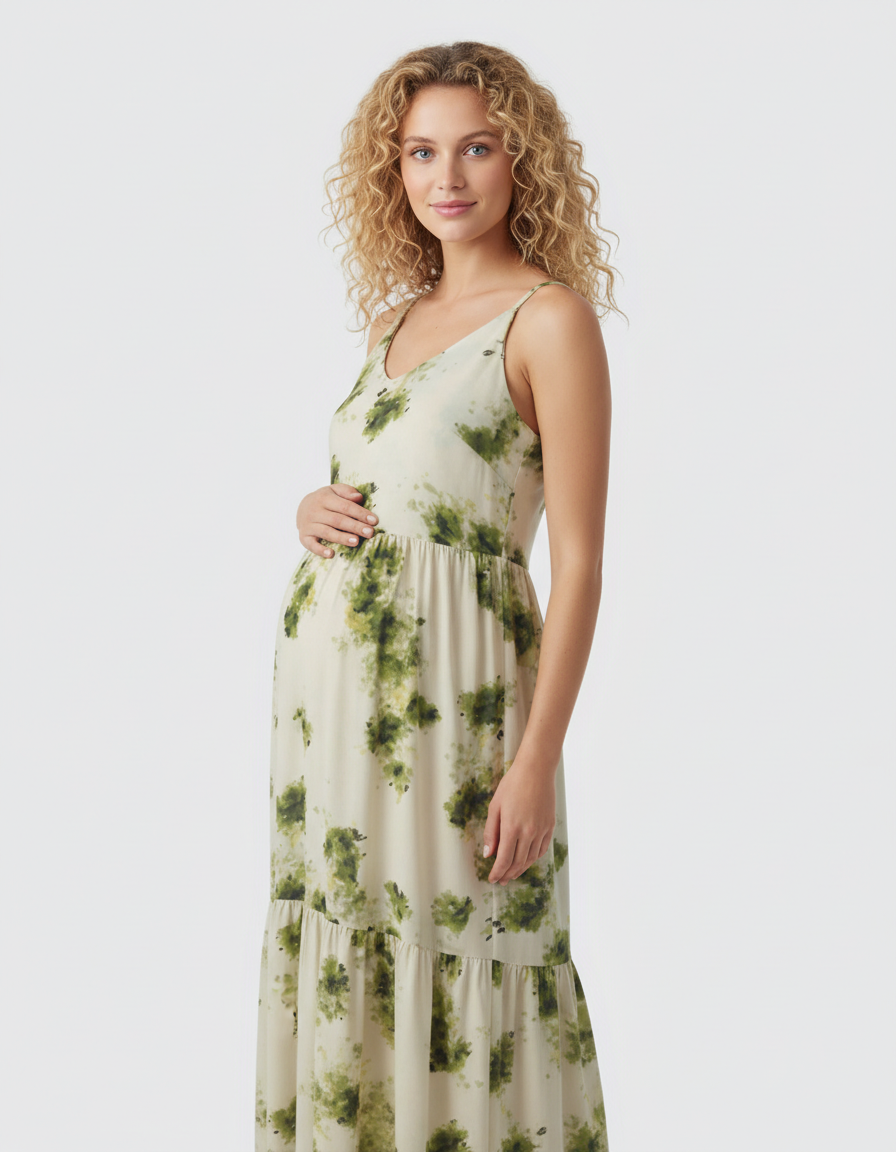 Bump Society – The Comfort Collection: Spaghetti Strap Printed Tiered Maternity Dress-Bump Society
