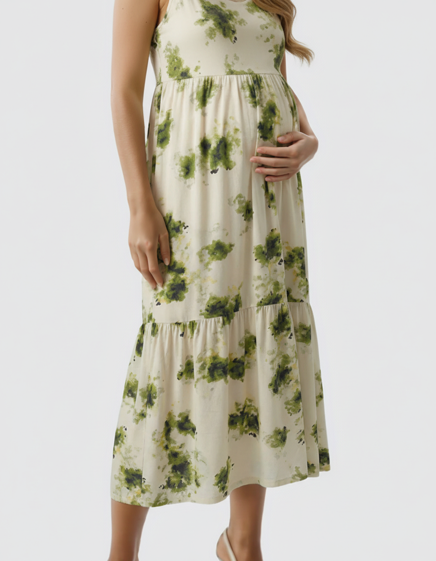 Bump Society – The Comfort Collection: Spaghetti Strap Printed Tiered Maternity Dress-Bump Society