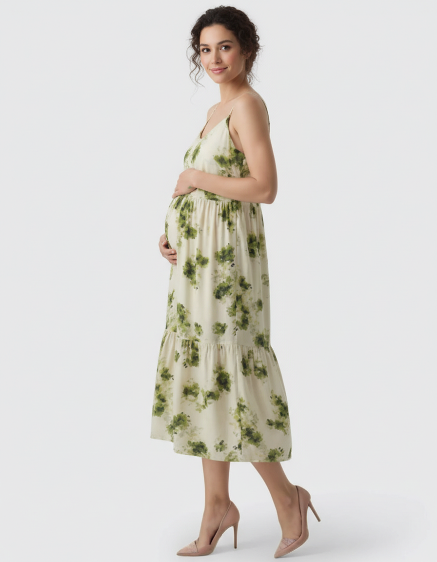 Bump Society – The Comfort Collection: Spaghetti Strap Printed Tiered Maternity Dress-Bump Society