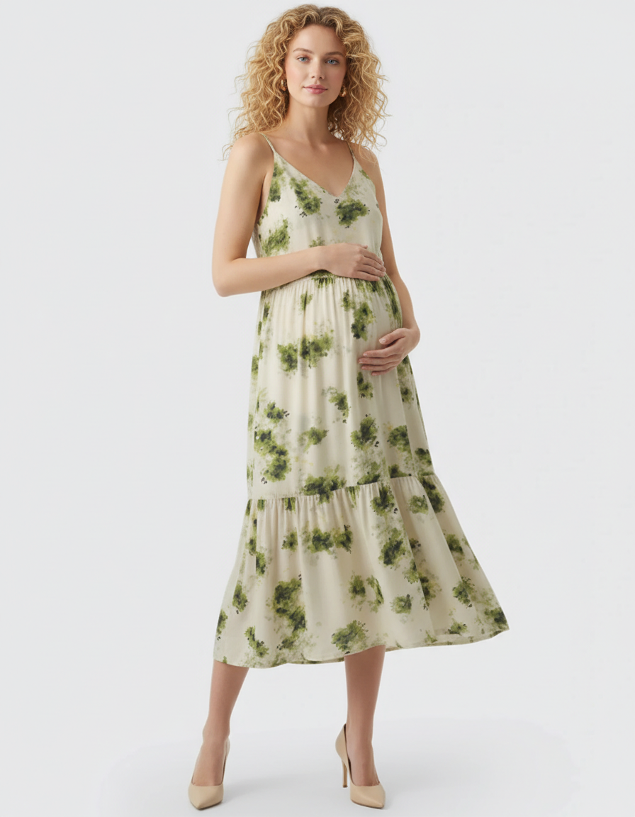 Bump Society – The Comfort Collection: Spaghetti Strap Printed Tiered Maternity Dress-Bump Society