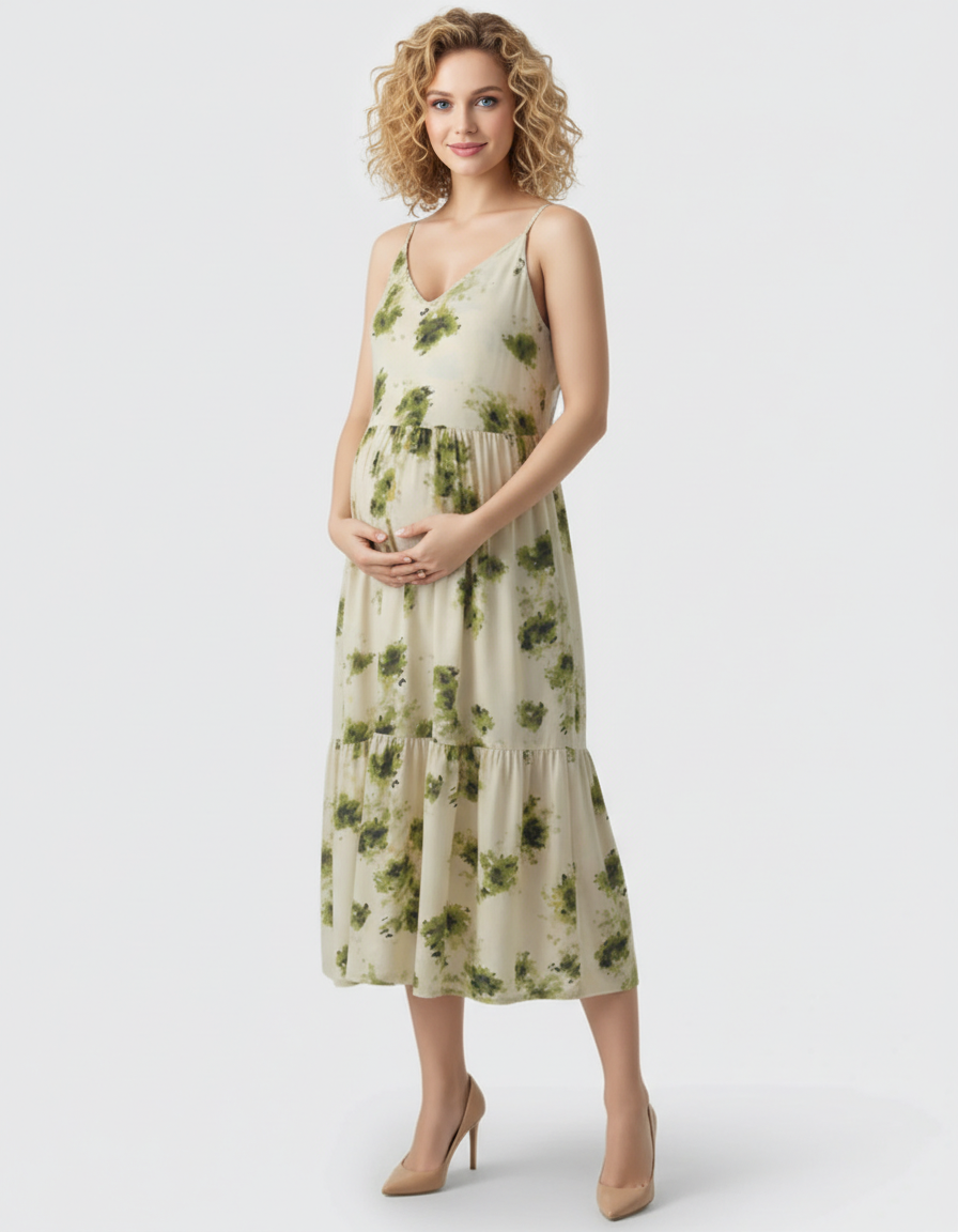 Bump Society – The Comfort Collection: Spaghetti Strap Printed Tiered Maternity Dress-Bump Society