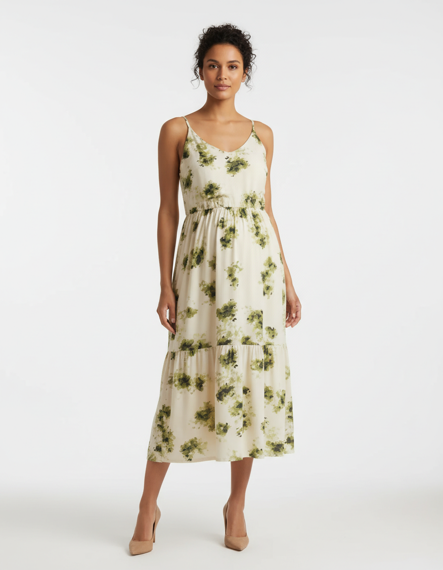 Bump Society – The Comfort Collection: Spaghetti Strap Printed Tiered Maternity Dress-Bump Society