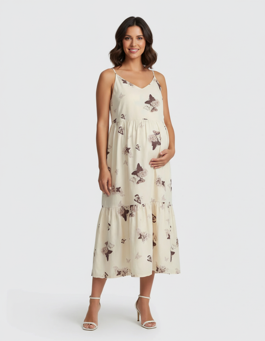 Bump Society – The Comfort Collection: Spaghetti Strap Printed Tiered Maternity Dress-Bump Society