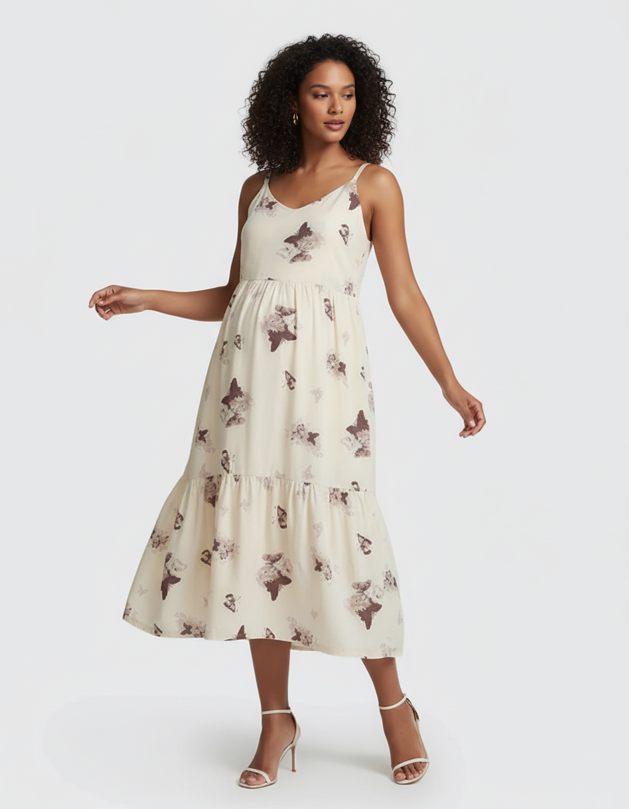 Bump Society – The Comfort Collection: Spaghetti Strap Printed Tiered Maternity Dress-Bump Society